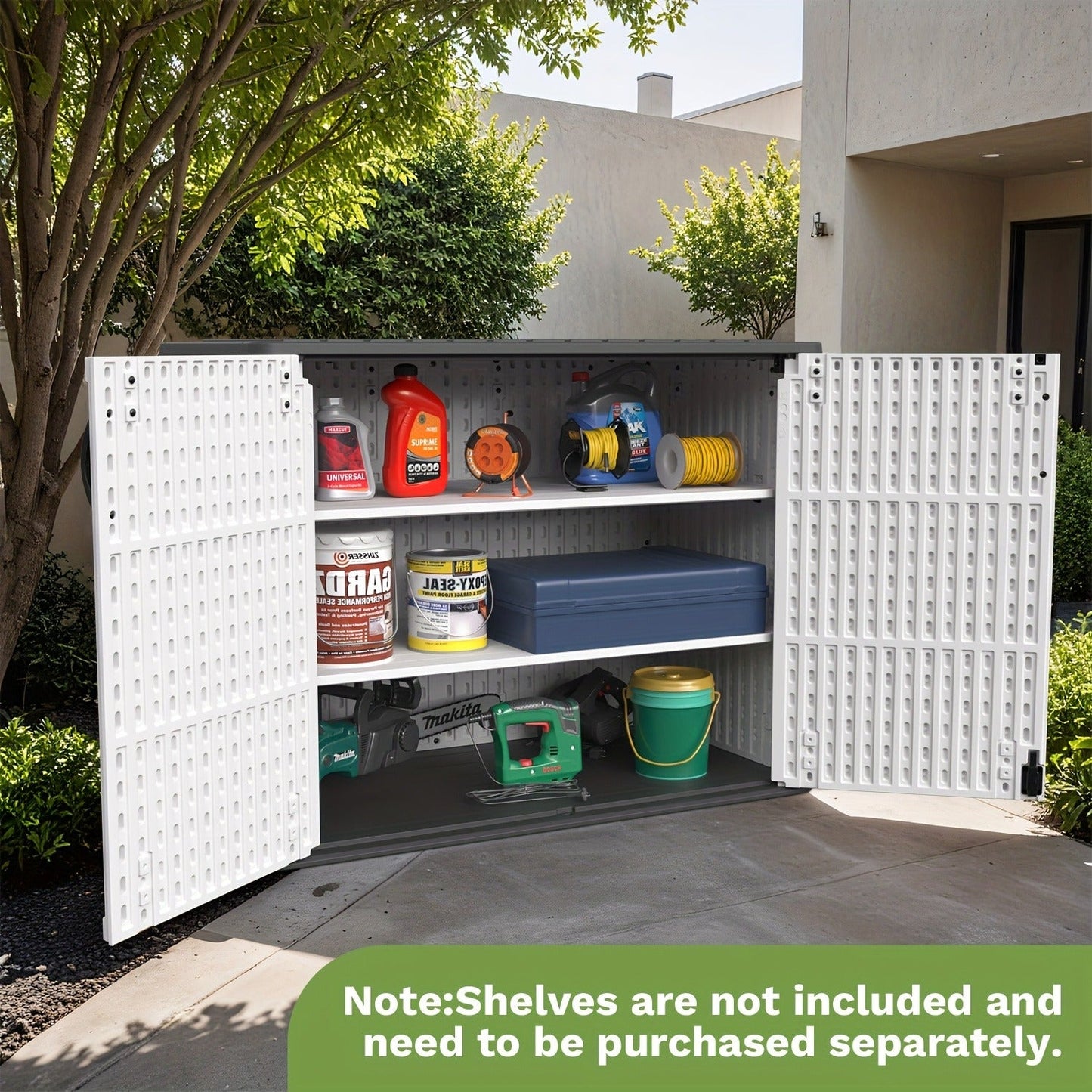 Resin Outdoor Storage Cabinet and Shelf Options in White or Beige with 4 x 2 Ft Shed Sizes