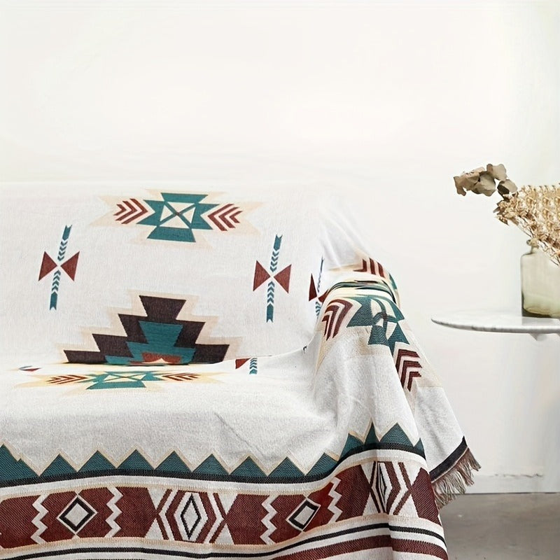 Woven Picnic Blanket with Cream Geometric Bohemian Pattern and 35.43 x 70.86 or 51.18 x 70.86-Inch Sizes