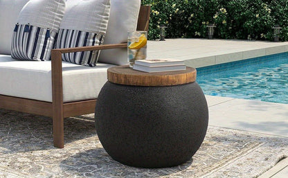 Outdoor Side Table 17-Inch Concrete Design with Wood-Look Finish in Black, Hourglass or Small Options