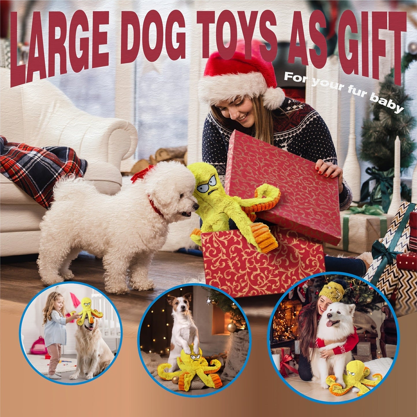 Dog Toy Octopus Plush with Built-In Squeaker and Crinkle Texture in Blue or Yellow with 1, 2 or 4-Pack Options