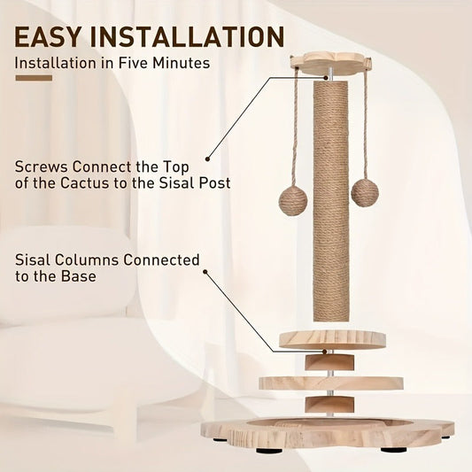 Cat Scratching Post Sisal Vertical Scratcher – Solid Wood Base, Wear-Resistant Rope, Multiple Styles: Standard, Mushroom & Dolphin Shapes, Sizes S/M/L, Cat Climbing Frame with Teaser Wand