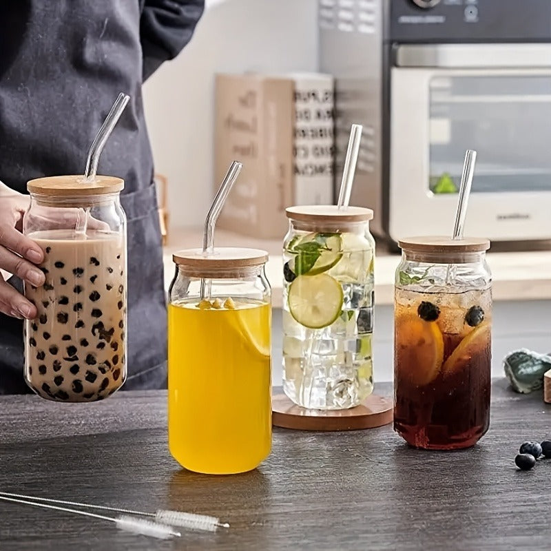Drinking Glasses Set with Lid and Straw 550ml Oval Glass Cups 4 or 6 Piece – Iced Coffee Smoothie Bubble Tea Juice Tumbler Set for Home Entertaining Gifting