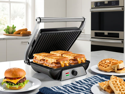 Sandwich Maker 3-in-1 Mini Indoor Grill & Panini Press – Non-Stick 180° Opening, Floating Hinge, 60-Min Timer, Temp Control & Grease Tray | Compact Electric Grill for Home & Dorm