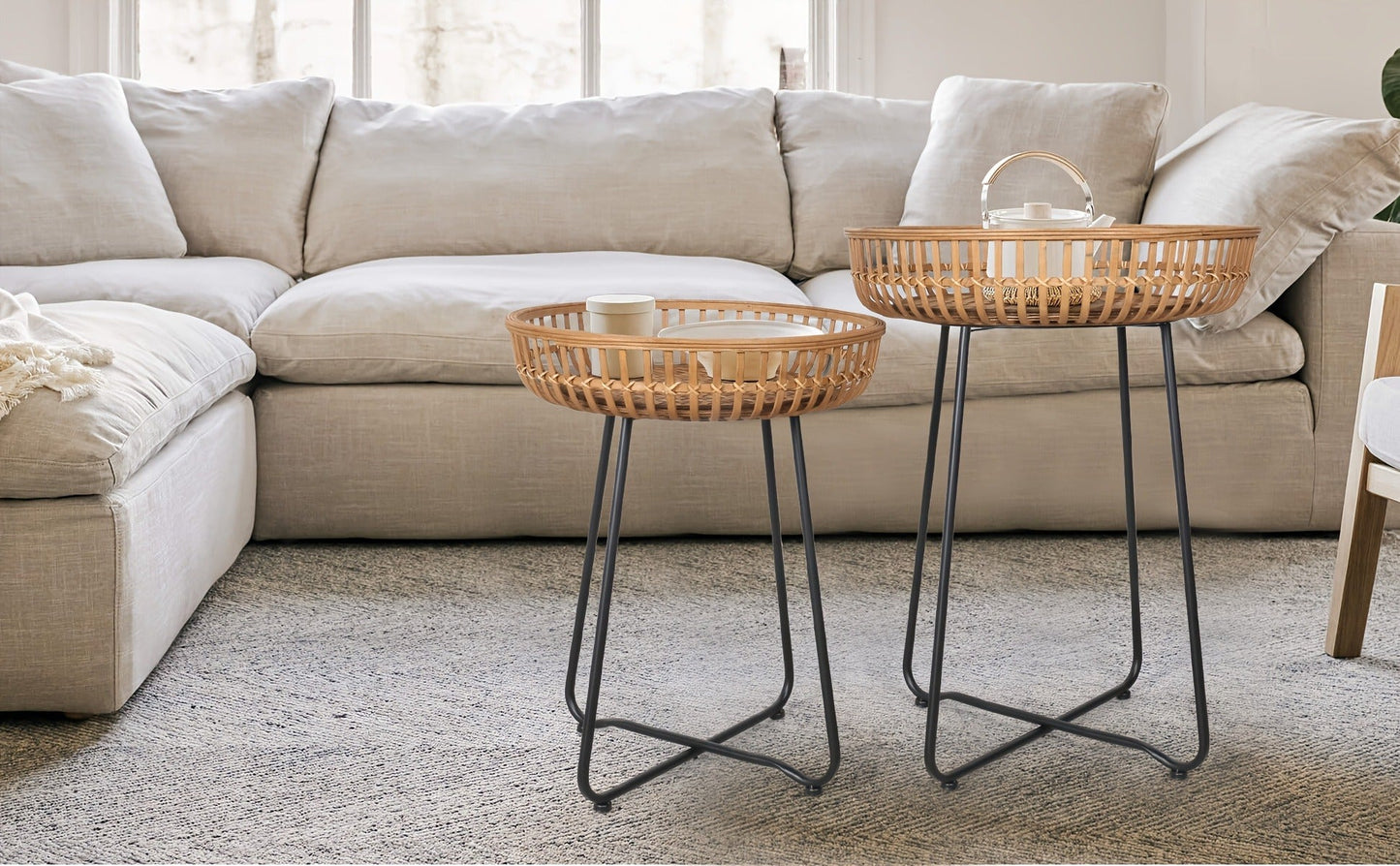 Rattan Side Table Nesting Tables Set of 2 Round Boho End Table Natural Bamboo Woven Coffee Table Metal Base for Living Room Bedroom Sofa Terrace