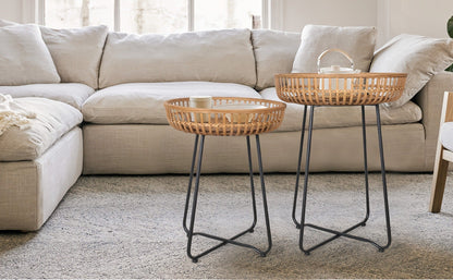 Rattan Side Table Nesting Tables Set of 2 Round Boho End Table Natural Bamboo Woven Coffee Table Metal Base for Living Room Bedroom Sofa Terrace
