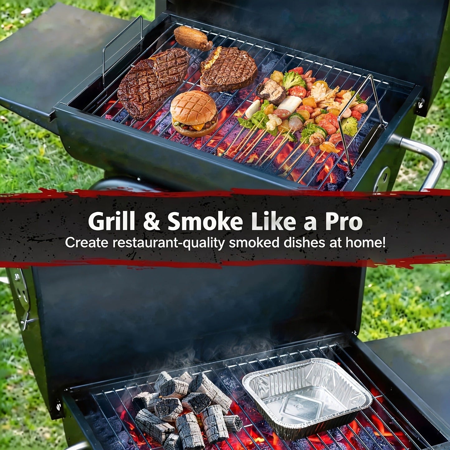 Charcoal Grill with Offset Smoker, Barrel BBQ Smoker Grill Combo for Backyard & Patio, Heavy-Duty Outdoor Charcoal Smoker with Side Firebox for Smoking, Grilling & BBQ Parties