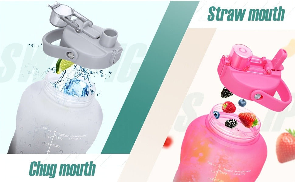 128oz Water Bottle Jug with Time Markers, Handled Flip-Top Straw Lid and Seven Color Treatments