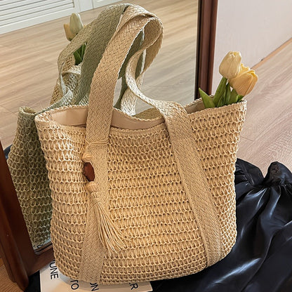 Straw Woven Tote Bag for Women Large Capacity Beach Bag Handwoven Shoulder Bag with Tassel Summer Vacation Travel Shopping Bag