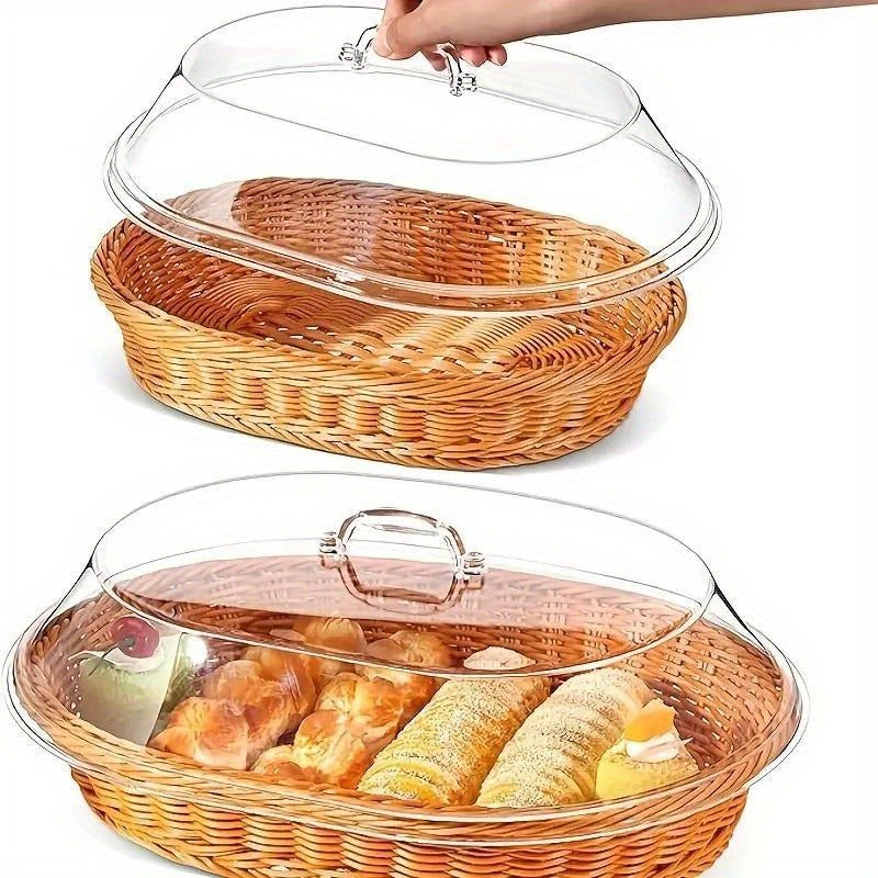 Wicker Bread and Fruit Storage Basket with Clear Acrylic Lid in Square or Round Checkout Shapes