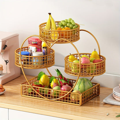 Wire Fruit Stand 3-Tier Golden Metal Basket | Large Capacity Kitchen Counter Organizer for Fruits Vegetables Bread Snacks Produce