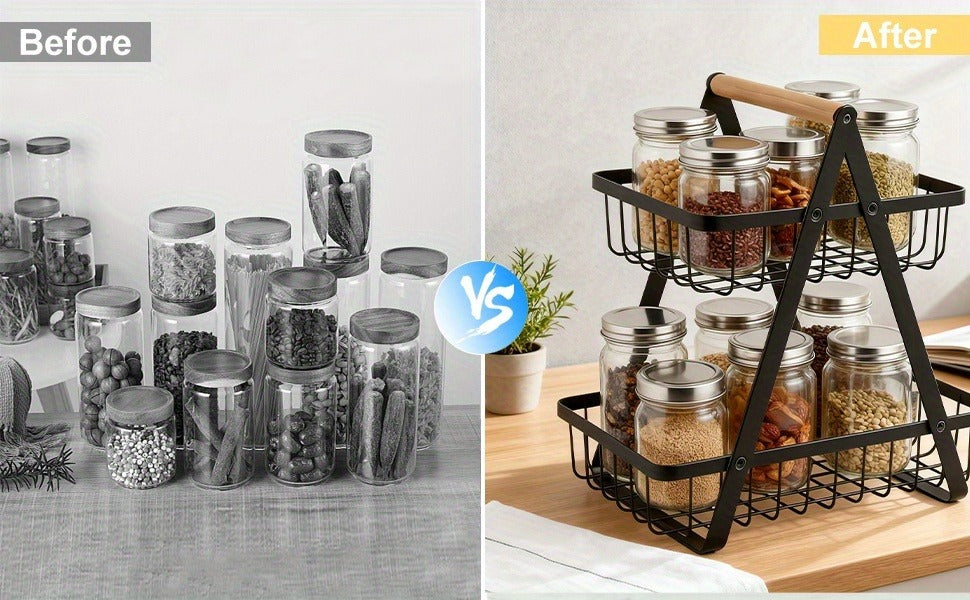 Tiered Fruit Basket with Removable Wooden Handles – 2 or 3 Tier Metal Kitchen Counter Organizer for Produce, Bread & Snacks