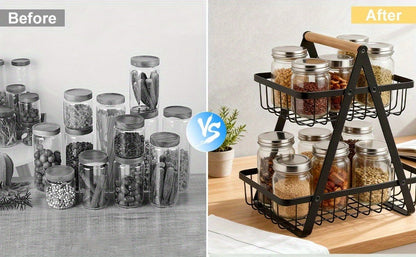 Tiered Fruit Basket with Removable Wooden Handles – 2 or 3 Tier Metal Kitchen Counter Organizer for Produce, Bread & Snacks