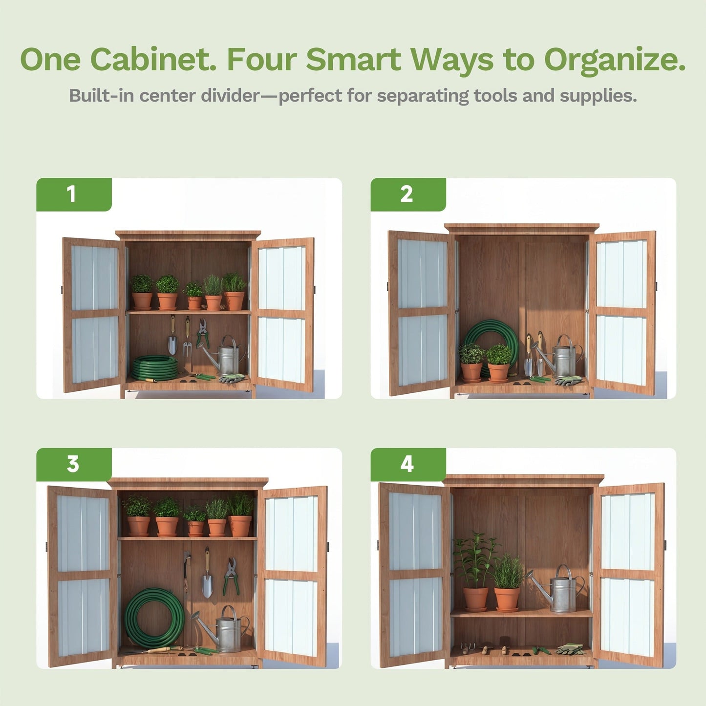 Metal Outdoor Storage Cabinets with Shelf-Equipped Tall or Low Models and 3 x 2 x 4.6 Ft Shed Option