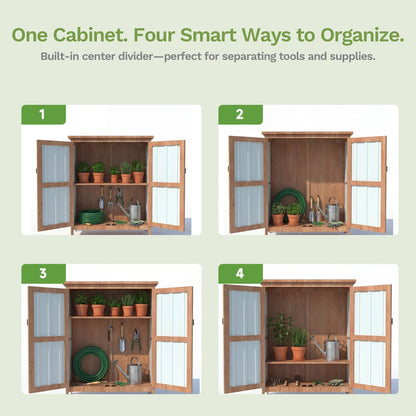 Metal Outdoor Storage Cabinets with Shelf-Equipped Tall or Low Models and 3 x 2 x 4.6 Ft Shed Option