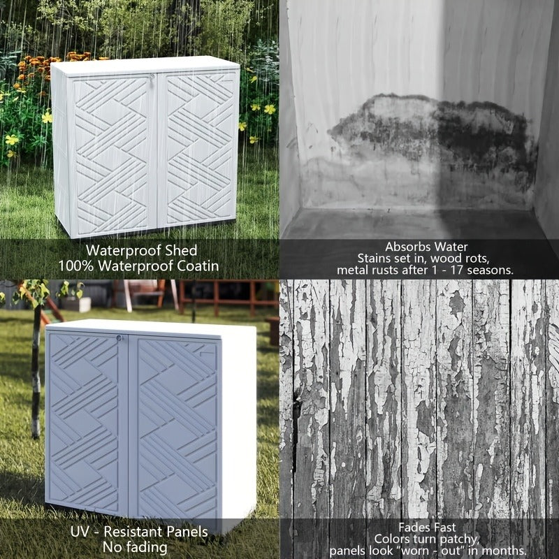 Outdoor Storage Cabinet with Doors & Metal Shelves | Resin