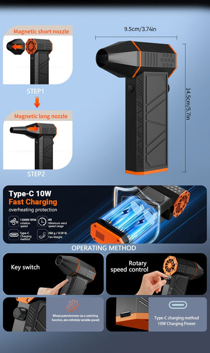 Electric Air Duster 130000RPM Rechargeable Handheld Blower, 3-Speed Wireless Turbine Fan for Computer Keyboard, Car & Home Cleaning — Black & Orange