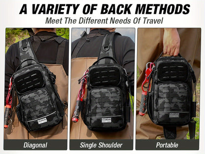 Camouflage Fishing Shoulder Bag with Six Checkout Options, Multi-Pocket Layout, Rod Holder and Bottle Pocket