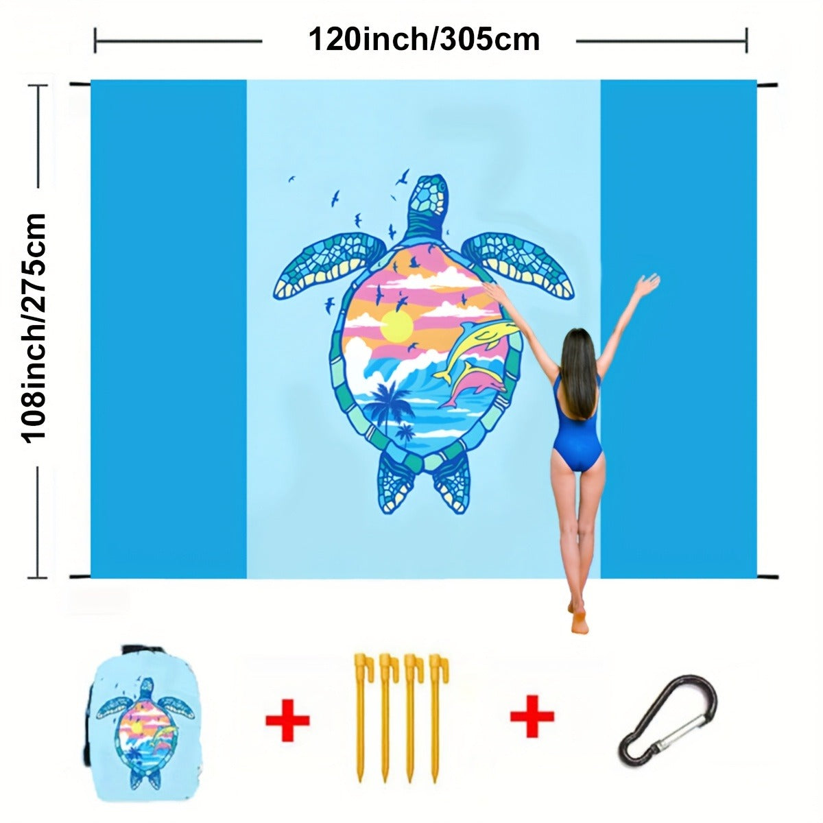 Printed Beach Mat with 19 Exact Size-and-Pattern Options, 198 x 205cm to 275 x 305cm with Stakes and Pouch