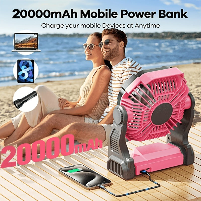 Camping Fan Rechargeable 20000mAh with Misting Solar Panel RGB Mood Light 4-Speed Tent Hook Phone Charging Portable Outdoor Fan