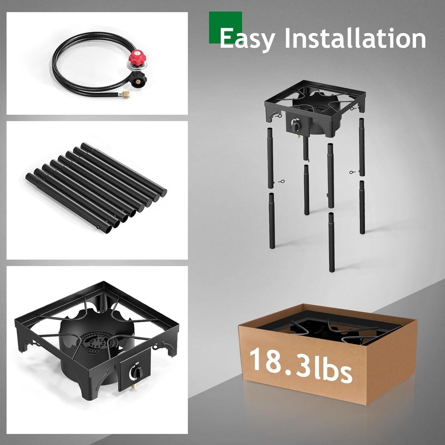 Outdoor Propane Burner Stand with One- or Three-Burner Layout, Removable Legs and 0–20 PSI Regulator Hose