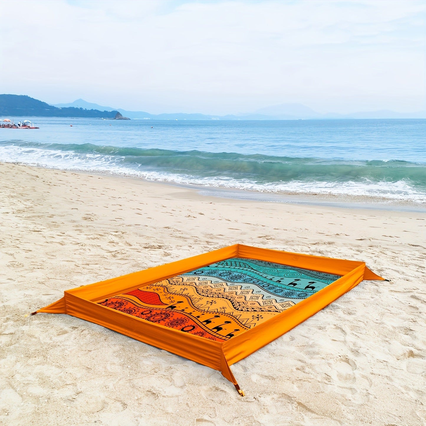Beach Blanket with Sand Walls Fence Sandproof Waterproof 55x86in with 4 Stakes & Carry Bag for Family Picnic Camping Park Travel – 6 Printed Styles