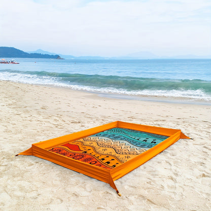 Beach Blanket with Sand Walls Fence Sandproof Waterproof 55x86in with 4 Stakes & Carry Bag for Family Picnic Camping Park Travel – 6 Printed Styles