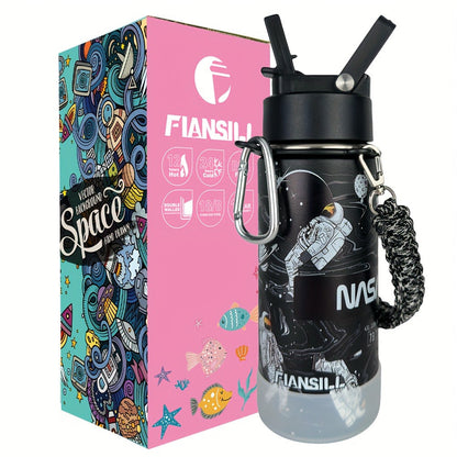 FIANSILL 16oz Stainless Steel Water Bottle with Flip-Up Straw Lid, Wrist Strap, Carabiner and Eight Prints