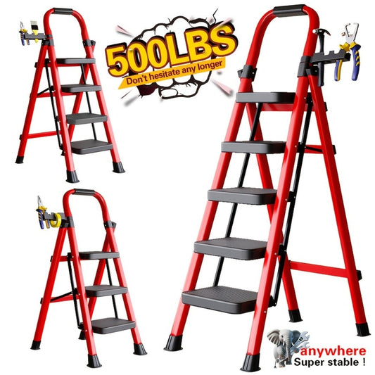 Folding Step Ladder 3 5 Step 500 lb Heavy Duty Steel Anti-Slip Wide Treads Handrail Safety Lock Portable Multi-Function Step Stool for Home Kitchen Garage Outdoor Black Red
