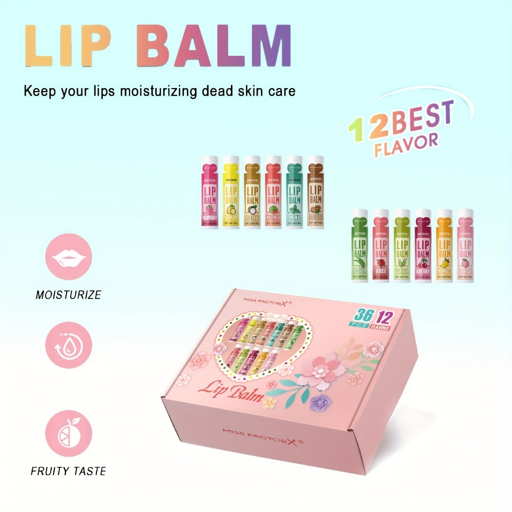Lip Balm 36-Piece Tinted Gift Set with 12 Flavors, Jojoba Oil Formula and Colorful Tube Packaging