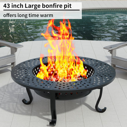 Fire Pit 43 Inch with 2 Cooking Grills & Lid Outdoor Wood Burning Firepit Round Metal Table for Backyard Patio Garden Camping Bonfire