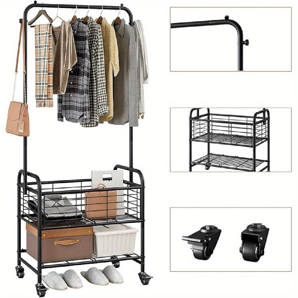 Rolling Laundry Basket Cart with 70.25-Inch Hanging Rail, Two Shelves, Four Casters and White, Black or Silver Frames