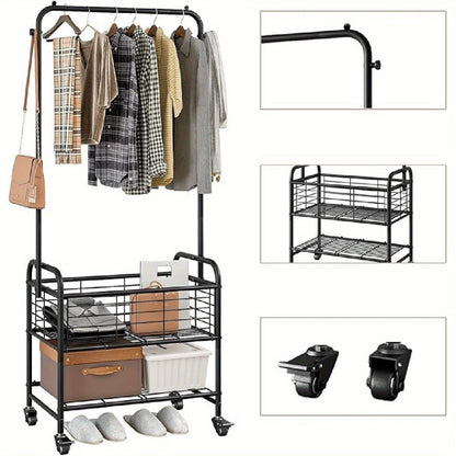 Rolling Laundry Basket Cart with 70.25-Inch Hanging Rail, Two Shelves, Four Casters and White, Black or Silver Frames