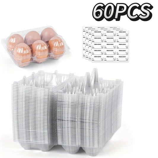 Plastic Egg Cartons, 60 Pack Clear 6-Cavity Reusable Egg Holders with 4 Label Stickers – Bulk Egg Carton Set for Home, Ranch, Chicken Farm, Market Display, Kitchen Storage and Refrigerator