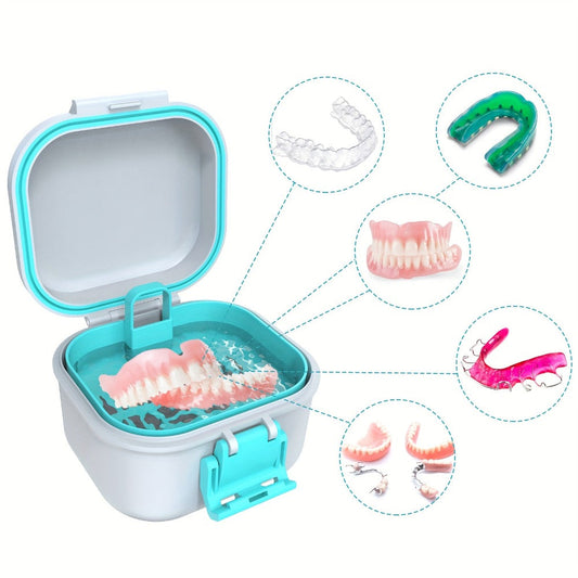 Denture Bath Case Leak-Proof with Drainage Basket Silicone Ring Safety Buckle Portable Travel Denture Cleaner Soaking Cup Storage Container for Home Travel