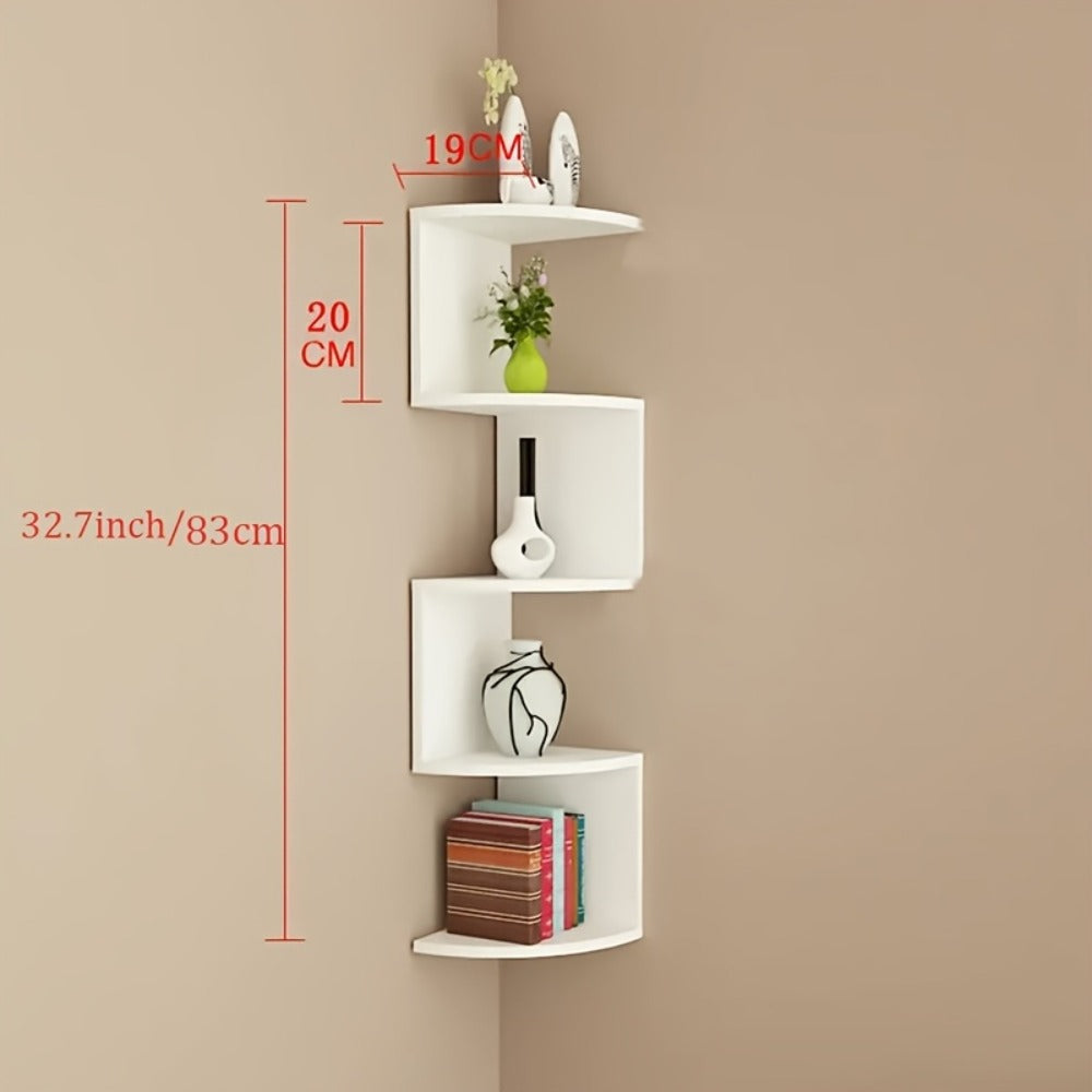 Wall-Mounted Alternating Corner Shelf in White Five-Tier or White and Black Three-Tier Options