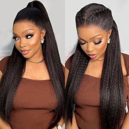 Synthetic Wig 26-Inch Black Kinky-Straight Yaki with HD Lace Front, Glueless Cap and 160°C Fiber