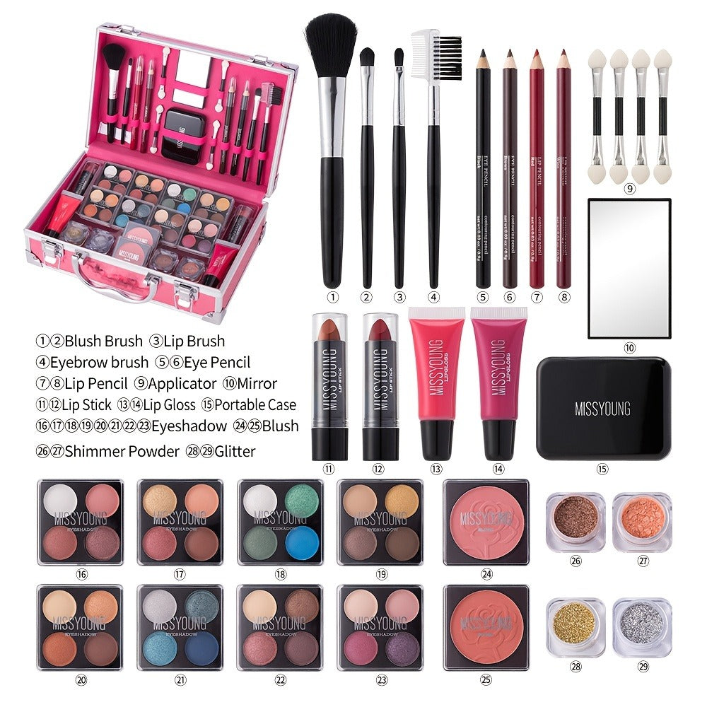 56 Piece Makeup Kit Full Face Set Eyeshadow Lipstick Blush Lip Gloss Eyebrow Pencil Glitter Brushes for Women Beginner Wedding Stage Holiday Gift