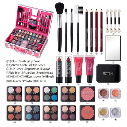 56 Piece Makeup Kit Full Face Set Eyeshadow Lipstick Blush Lip Gloss Eyebrow Pencil Glitter Brushes for Women Beginner Wedding Stage Holiday Gift