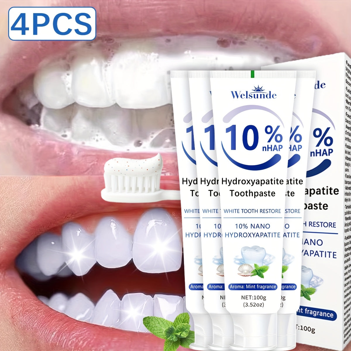 Four-Pack 100g Spearmint Toothpaste Tubes with 10% Hydroxyapatite Label and 400g Total Quantity