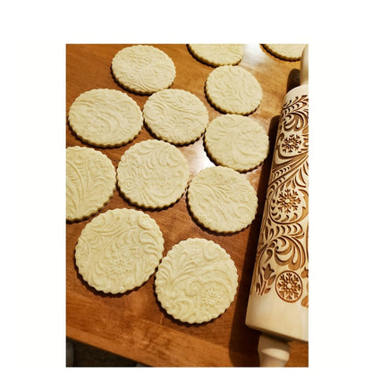 Embossed Wooden Rolling Pin with Engraved Pattern, Decorative Patterned Rolling Pin for Cookie Baking, Christmas Snowflake Flower Design Dough Roller for Fondant Pie Pastry, Baking Gift Kitchen Tool