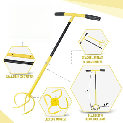 Yellow Manual Twist Tiller with Four Curved Soil Claws, T-Handle and Detachable Three-Section Shaft