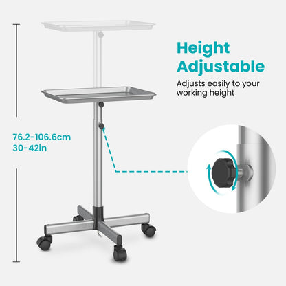 Salon Rolling Tray Trolley on Wheels Height Adjustable 30"-42" – Silver Mobile Salon Cart for Nail Tech, Esthetician, Barber, Hair Stylist & Beauty Station Tool Organizer