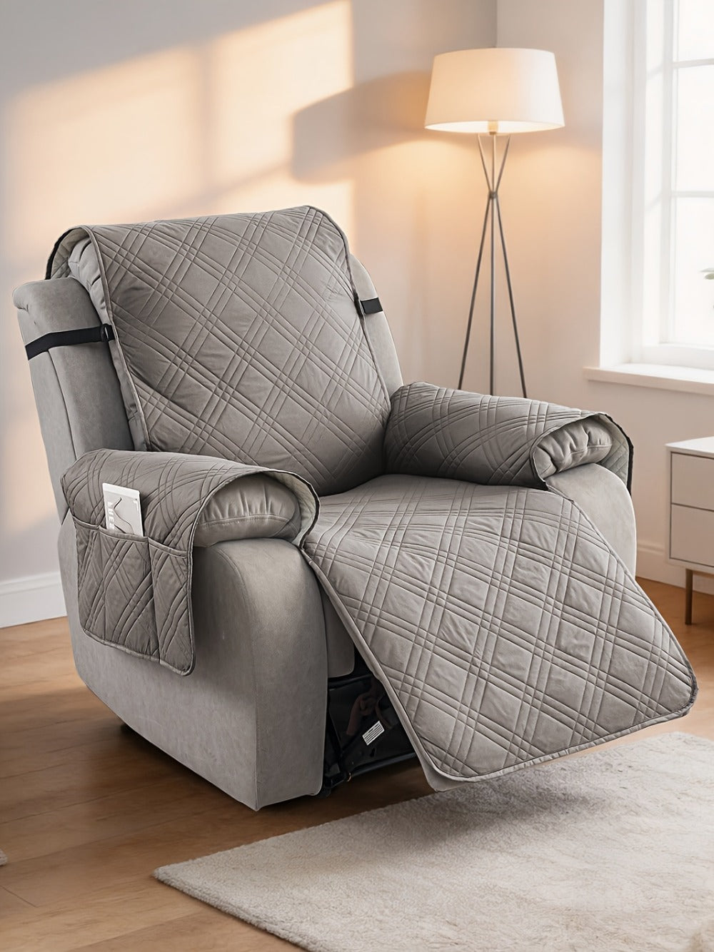 Chair Cover Quilted Recliner Throw with Side Pocket, Elastic Straps and Buckle in Ten Colors