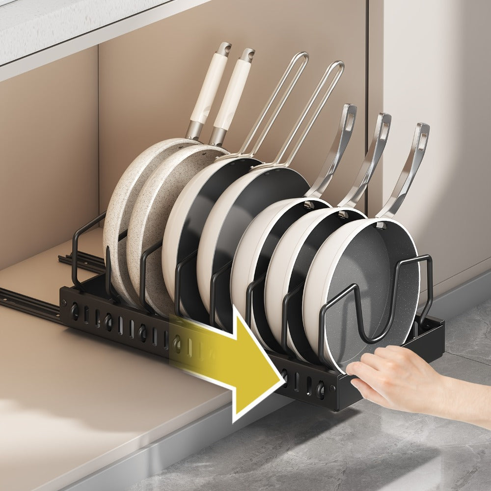 Two-Piece Pull-Out Cabinet Organizer for Pot Lids and Cookware with Removable Dividers in Black or White