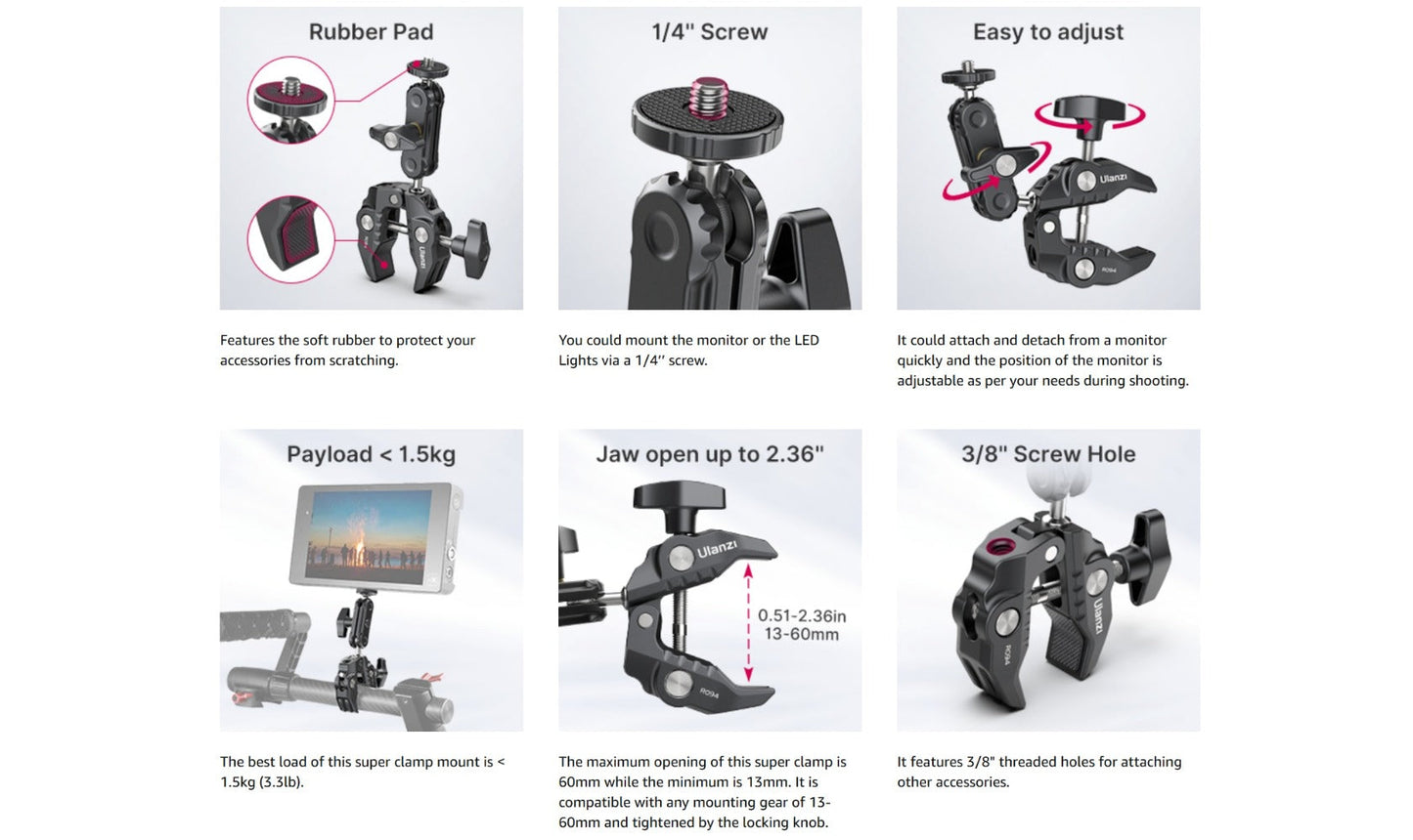 ULANZI Super Clamp 360° Ballhead Magic Arm Double Ball Head Camera Mount with 1/4"-20 & 3/8"-16 Thread for Canon Nikon DSLR, Action Camera, LED Lights, DJI Ronin & Freefly MOVI