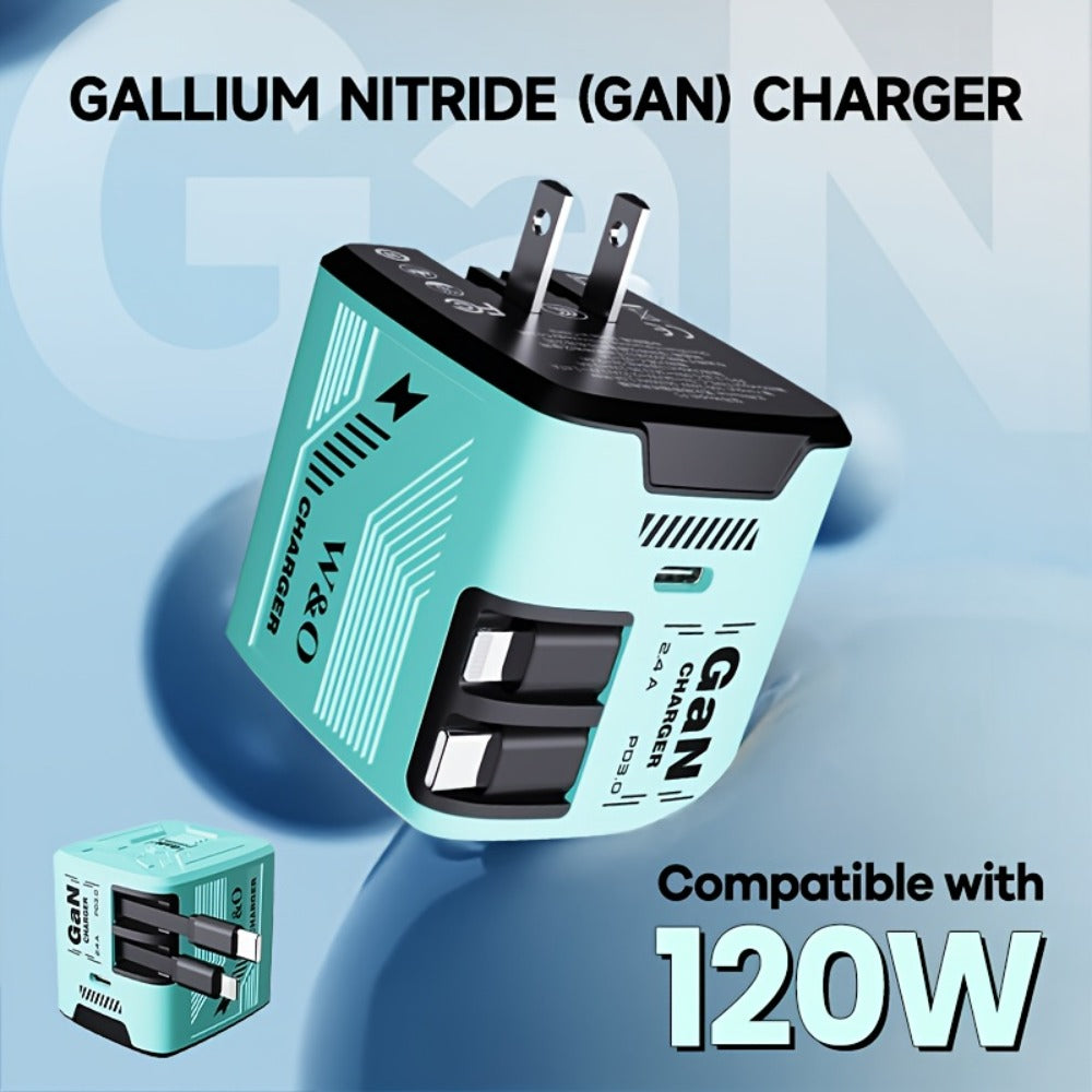 GaN Wall Charger 120W Fast with Retractable Built-In Cable & Foldable Plug – Compact Portable Travel USB-C Adapter for iPhone 17 16 15 14 Pro Max, Samsung Galaxy Ultra, Android Devices, 6 Colors