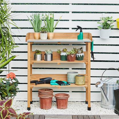 Rolling Potting Bench 3-Tier Wooden Garden Workstation Waist-High Galvanized Metal Top Lockable Casters Side Hooks Shelves for Outdoor Patio Gardening Storage