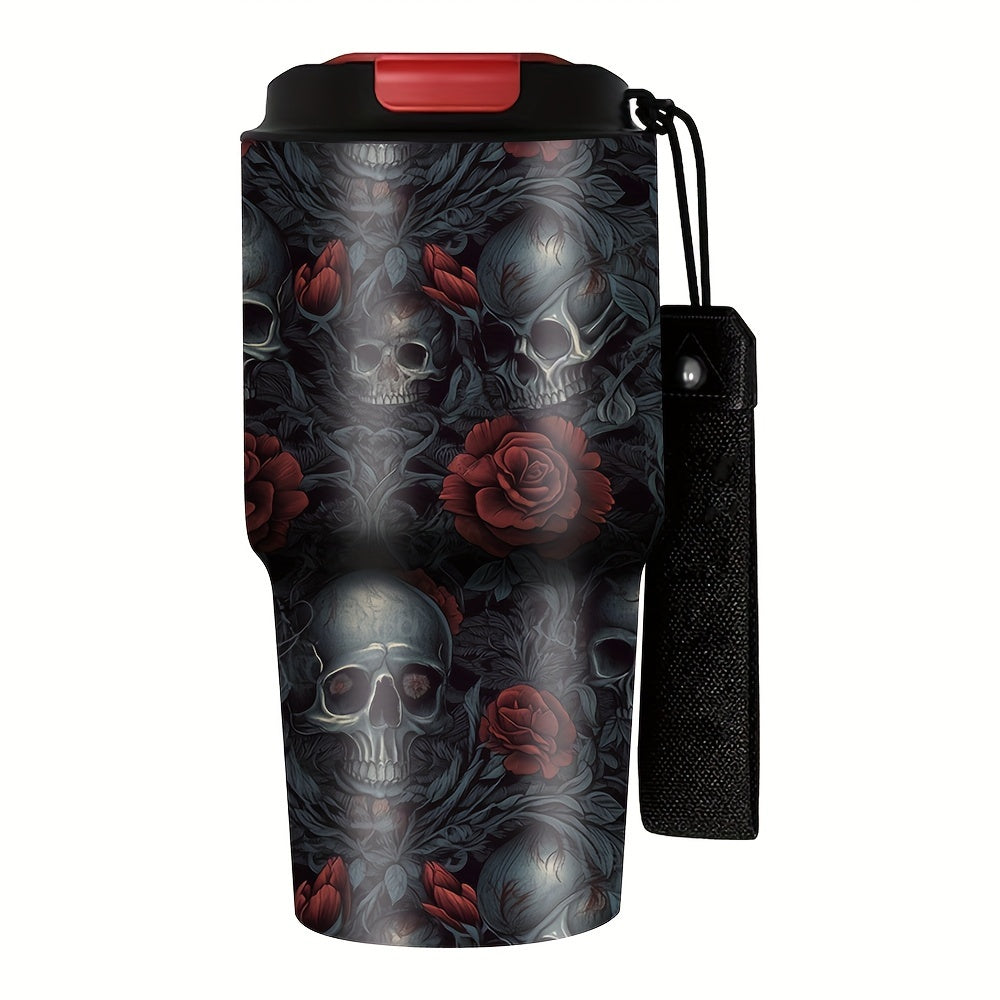 Insulated Tumbler 20oz Gothic Skull and Roses Stainless Steel Travel Mug with Carry Strap for Everyday Use