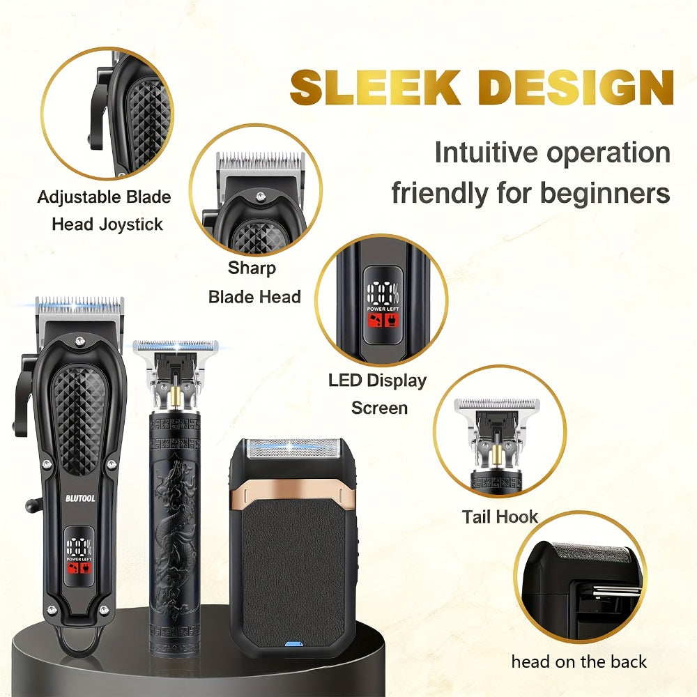 Black Hair Clipper Set with Full-Size Clipper, T-Blade Trimmer, Detail Tool and Foil Shaver, MC401 or MC201
