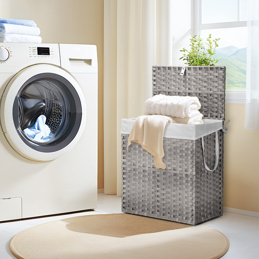 Woven Laundry Hamper with Hinged Lid, Removable Fabric Liner and Side Handles in Two Sizes and Brown or Gray